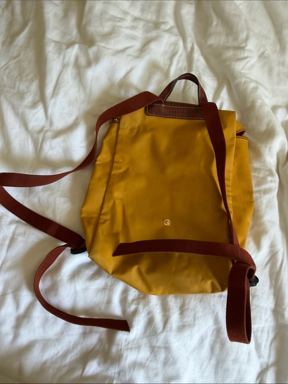 Longchamp Mustard Yellow Nylon Backpack with Brown Leather Flap - Picture 6 of 8
